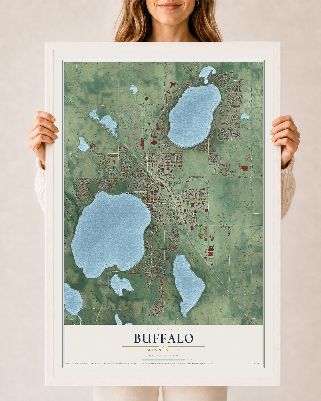Map of Buffalo, Minnesota, 24 x 36 inch print in a white wood frame