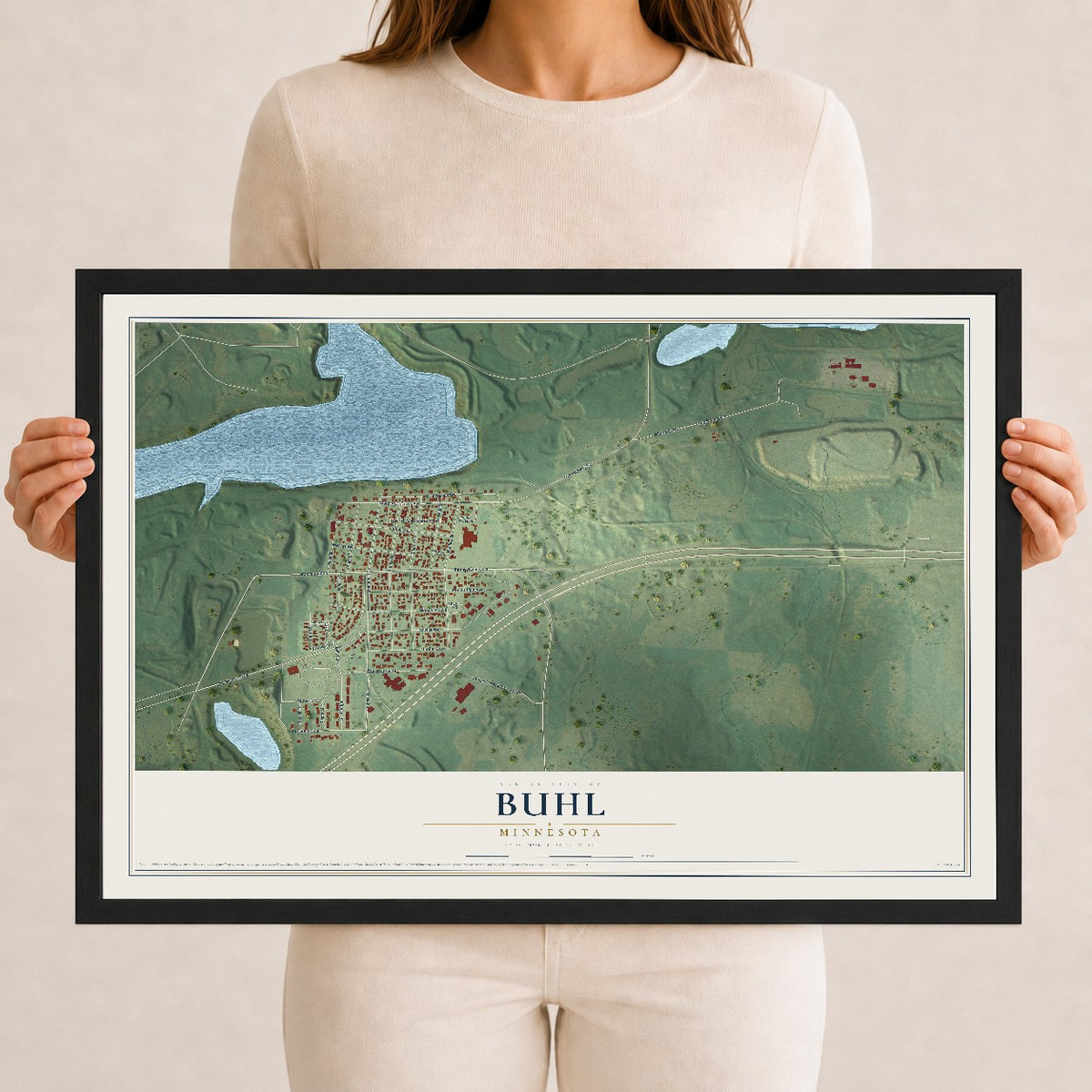 Map of Buhl, Minnesota, 12 x 18 inch print in a black wood frame