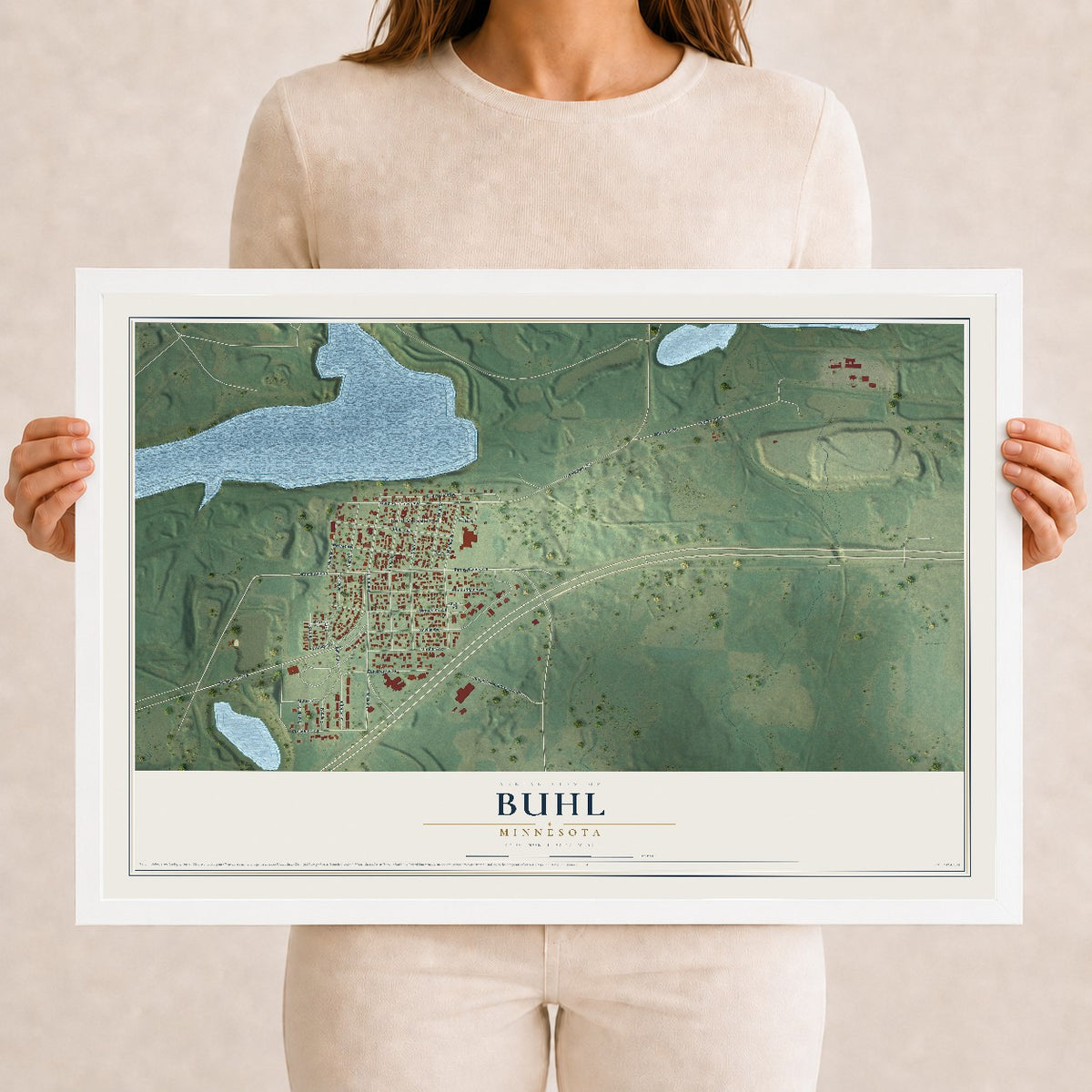 Map of Buhl, Minnesota, 12 x 18 inch print in a white wood frame