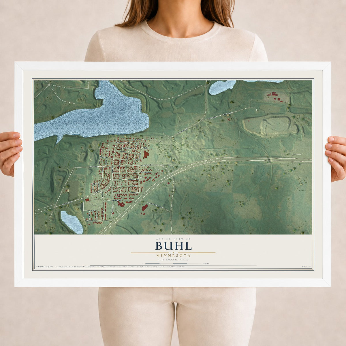 Map of Buhl, Minnesota, 18 x 24 inch print in a white wood frame