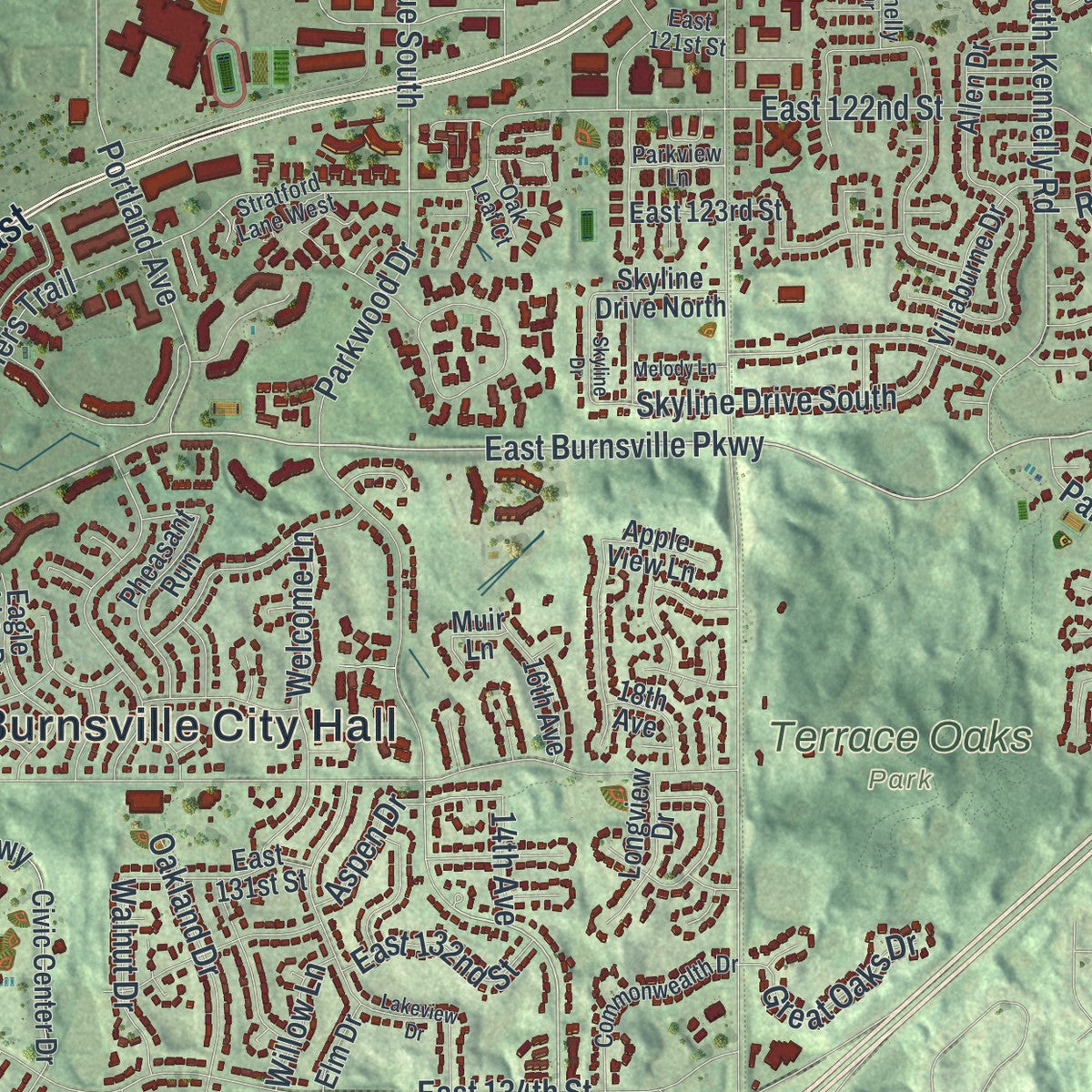 Second close-up of the map of Burnsville, Minnesota print showing more streets and buildings