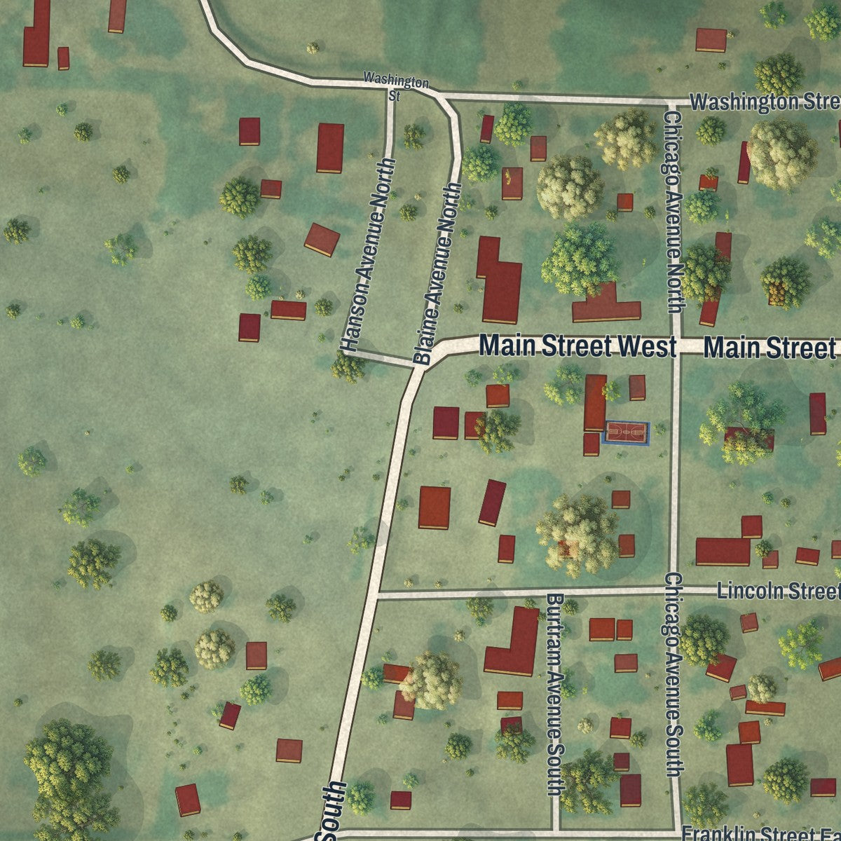 Close-up of the map of Burtrum, Minnesota print showing street and building detail