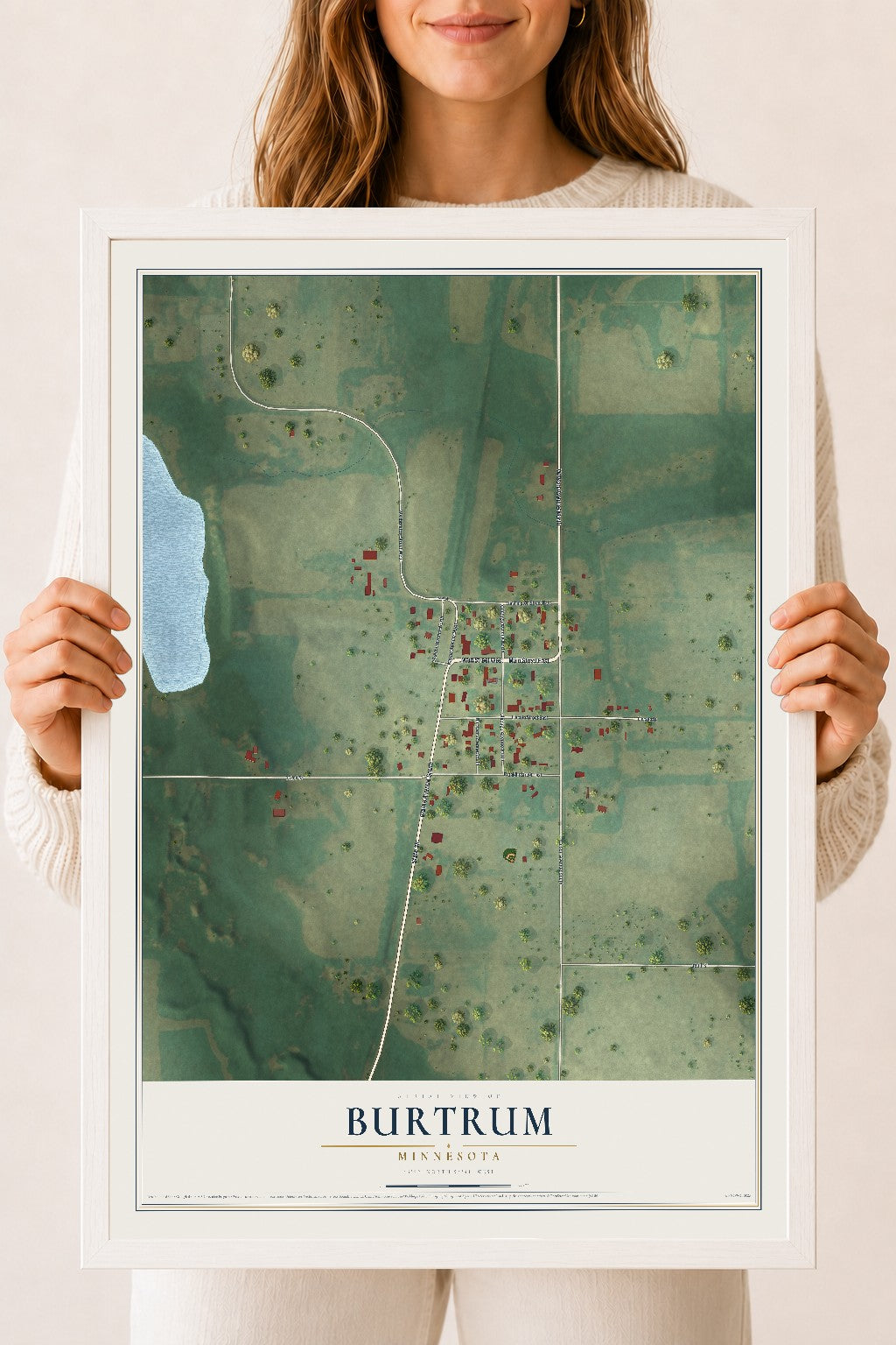 Map of Burtrum, Minnesota, 18 x 24 inch print in a white wood frame