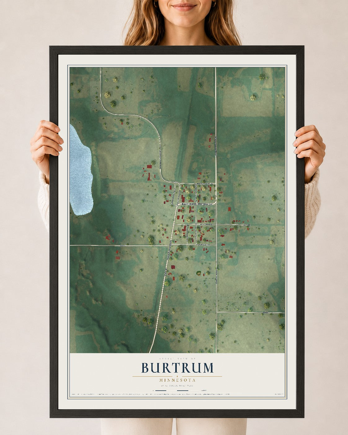Map of Burtrum, Minnesota, 24 x 36 inch print in a black wood frame