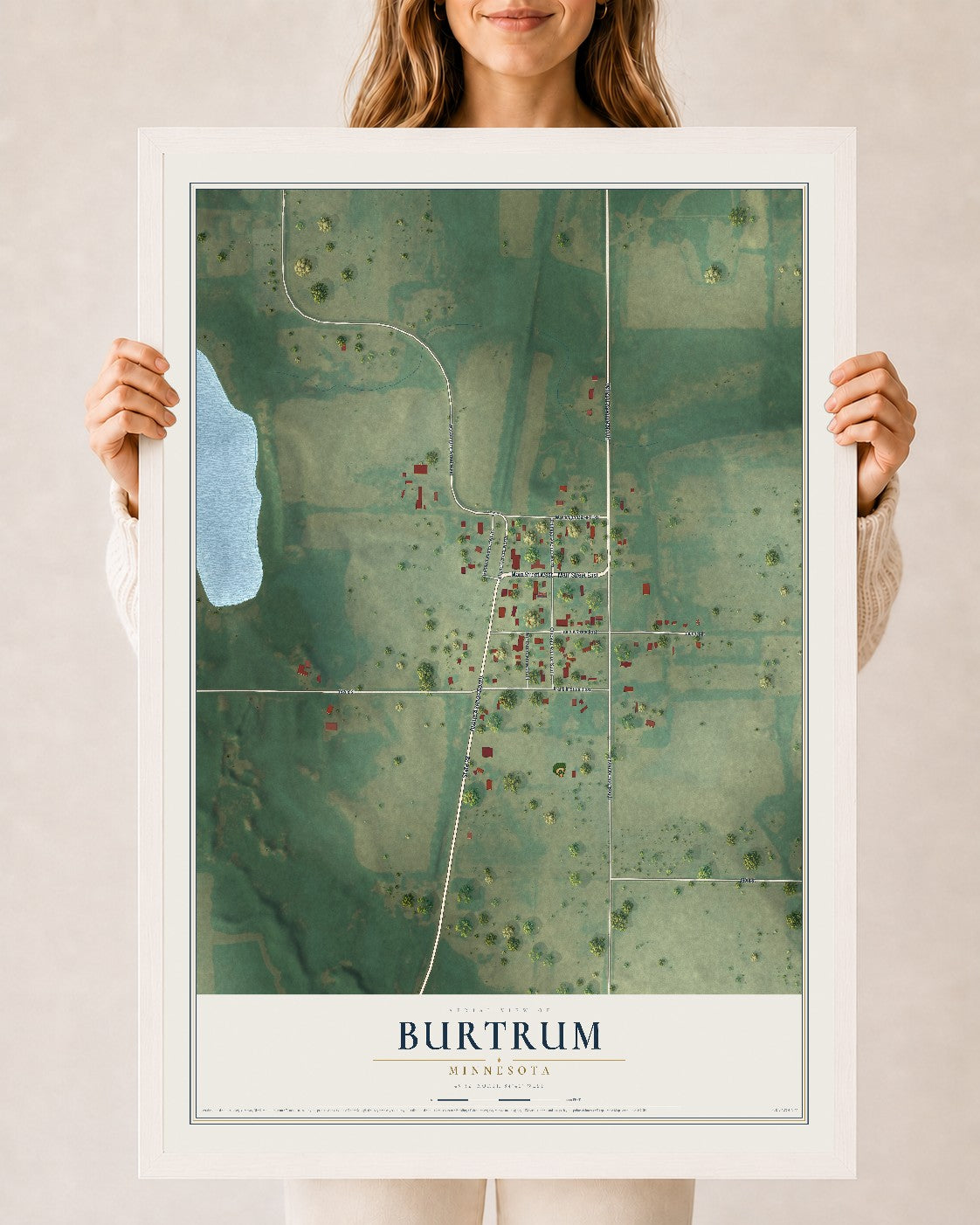 Map of Burtrum, Minnesota, 24 x 36 inch print in a white wood frame