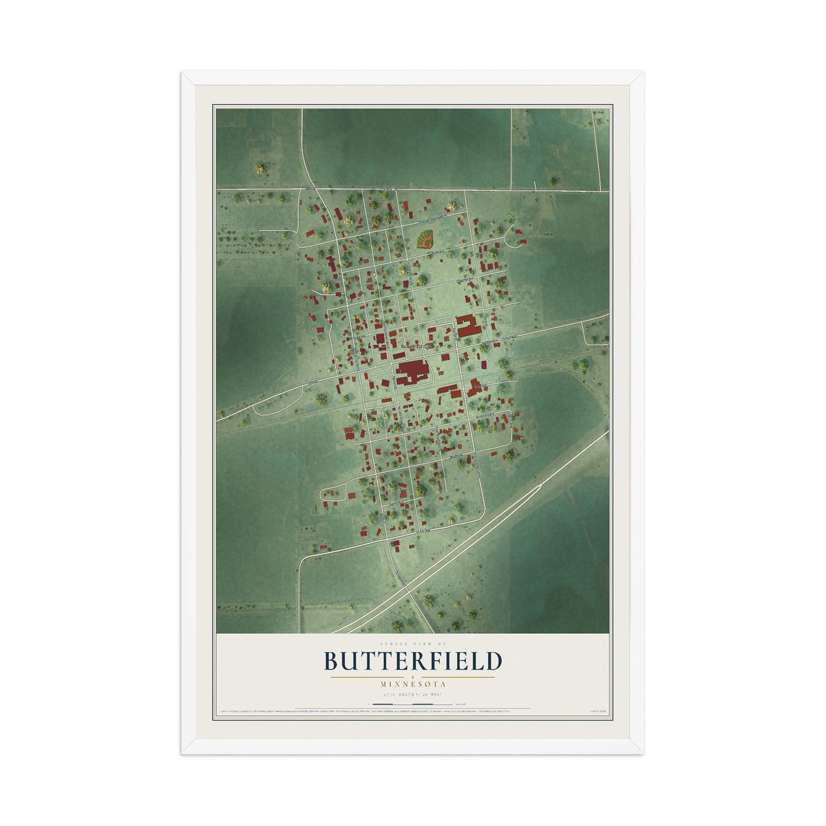 Map of Butterfield, Minnesota, 12 x 18 inch print in a white wood frame