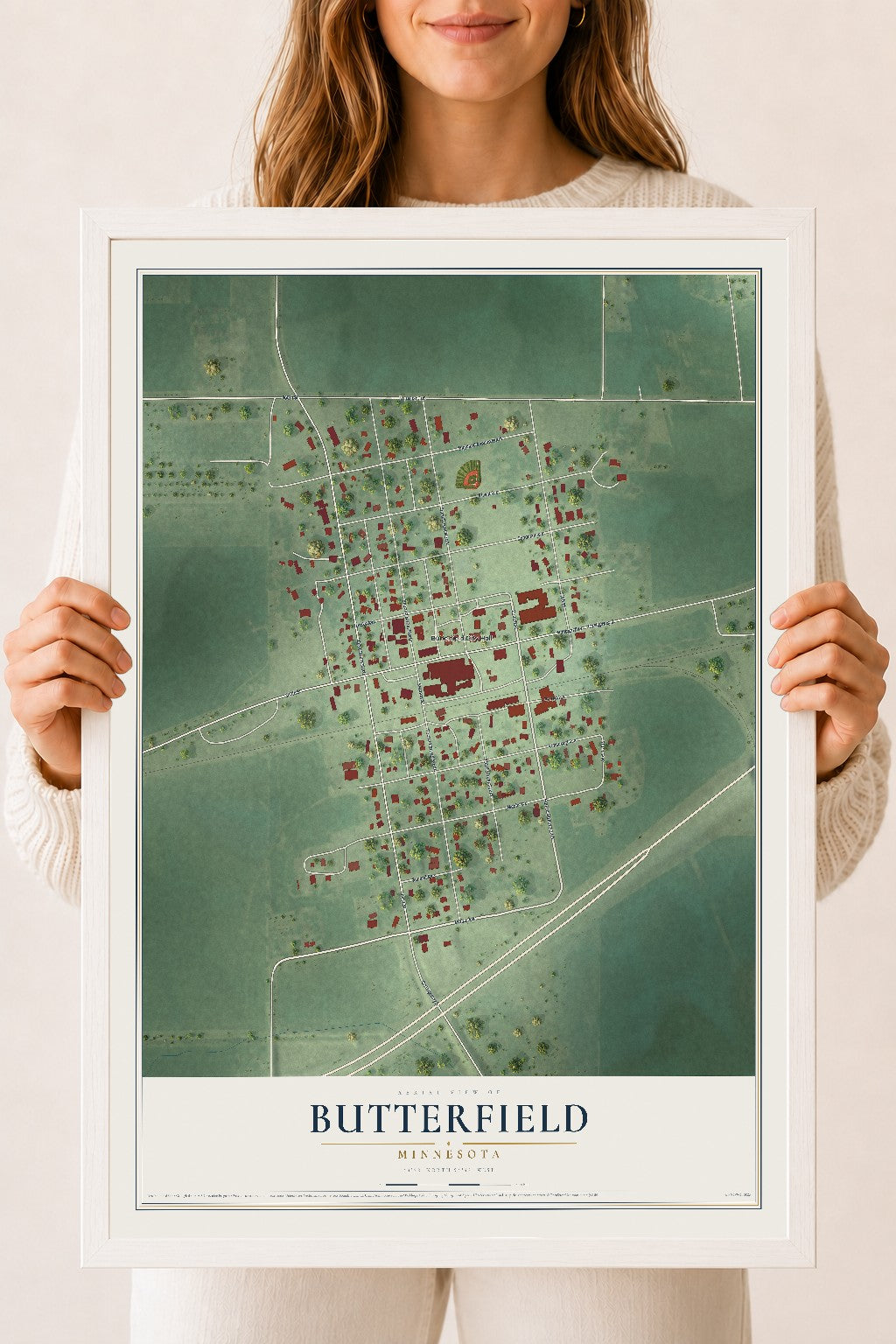 Map of Butterfield, Minnesota, 18 x 24 inch print in a white wood frame