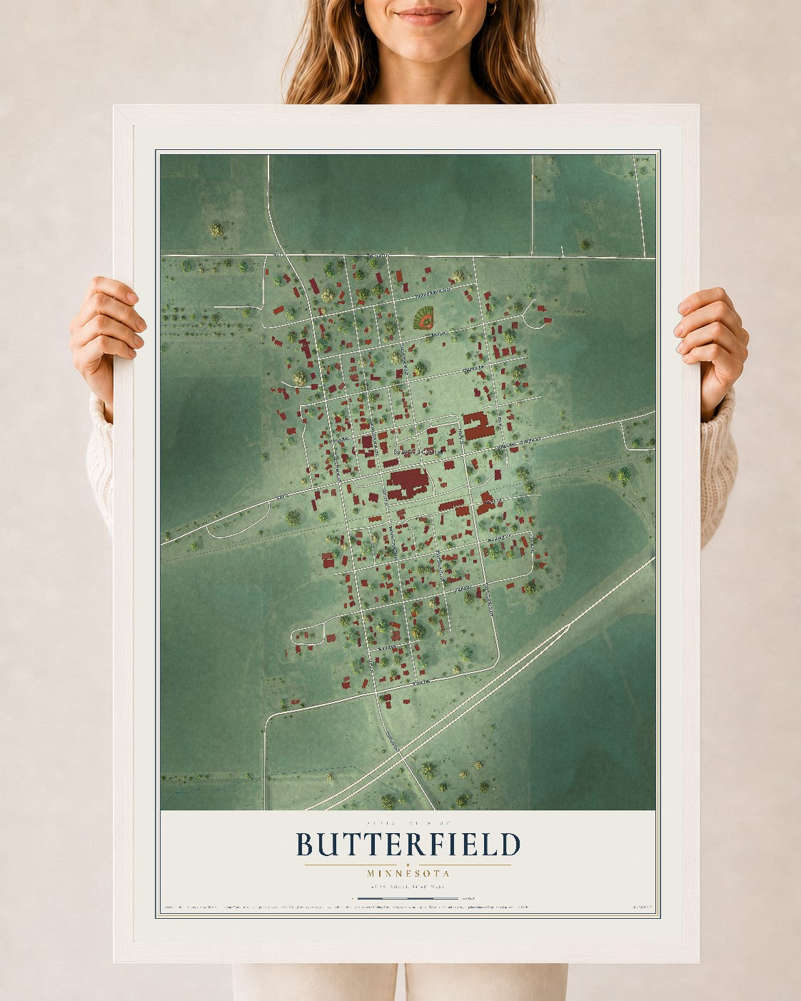 Map of Butterfield, Minnesota, 24 x 36 inch print in a white wood frame