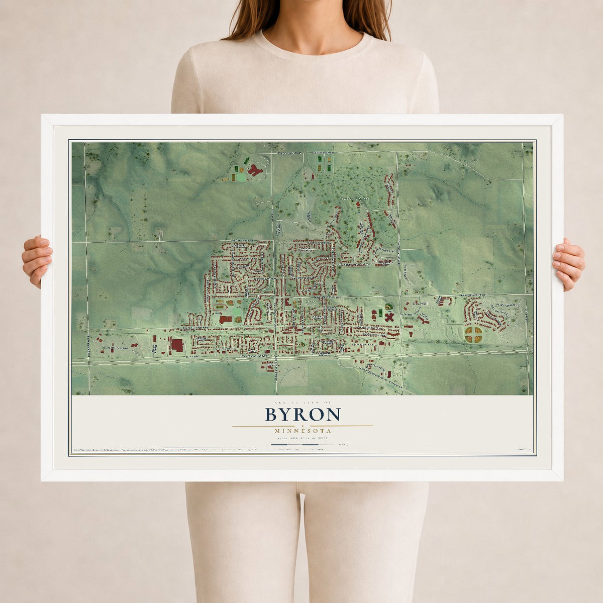 Map of Byron, Minnesota, 24 x 36 inch print in a white wood frame