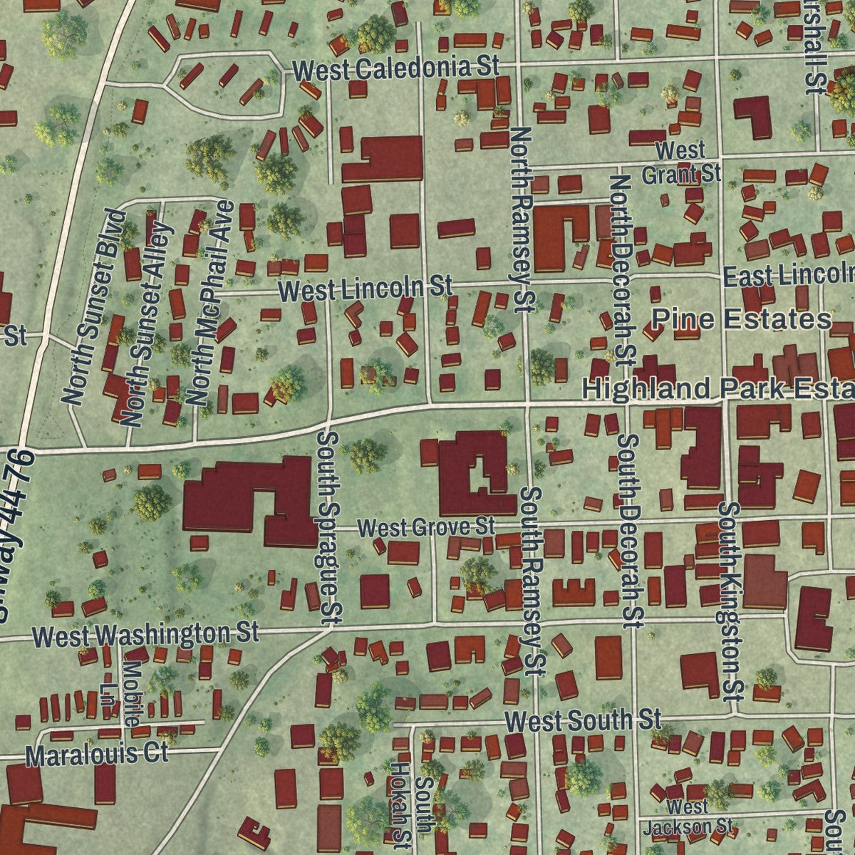 Close-up of the map of Caledonia, Minnesota print showing street and building detail