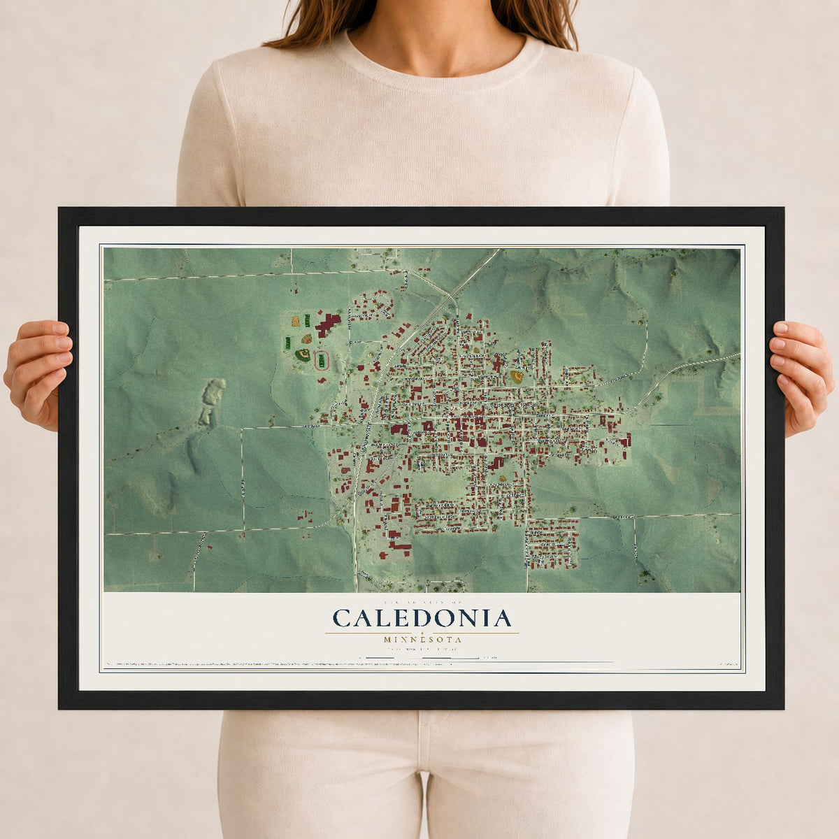 Map of Caledonia, Minnesota, 12 x 18 inch print in a black wood frame