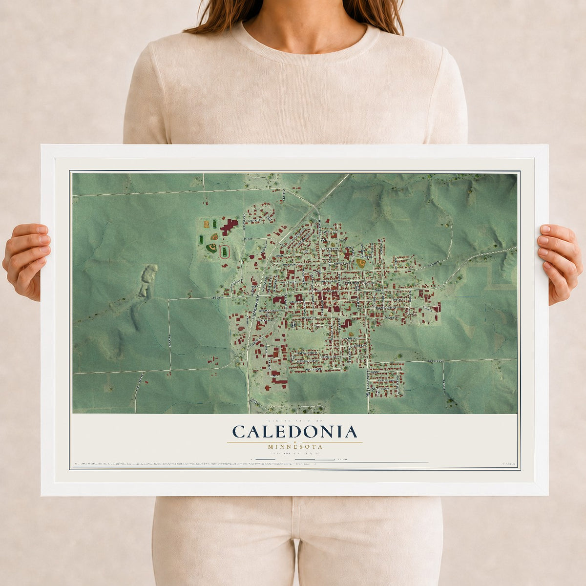 Map of Caledonia, Minnesota, 12 x 18 inch print in a white wood frame