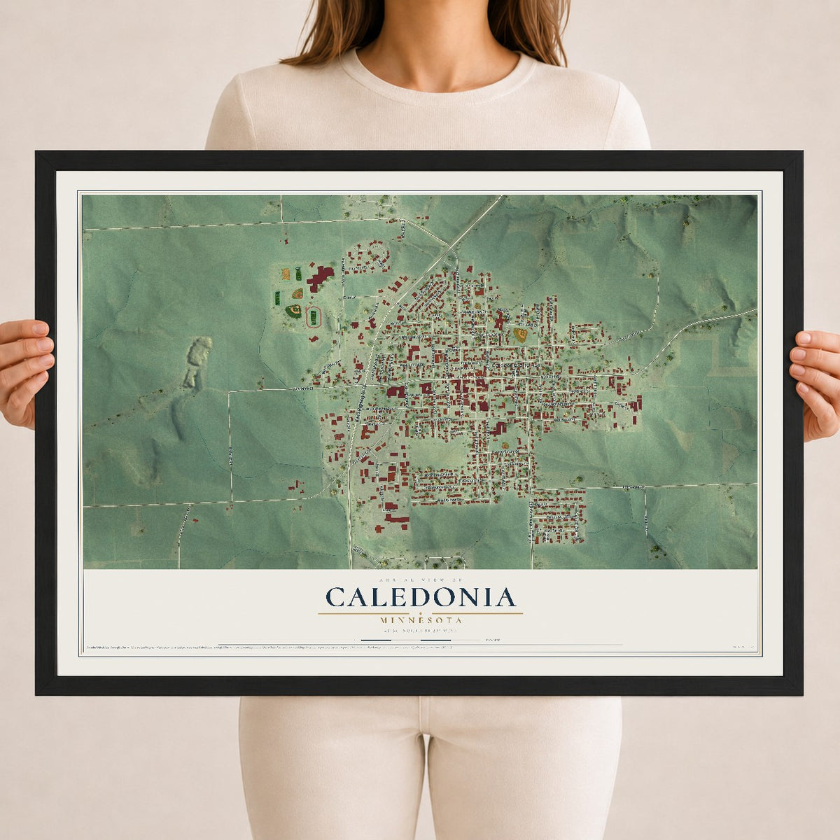 Map of Caledonia, Minnesota, 18 x 24 inch print in a black wood frame