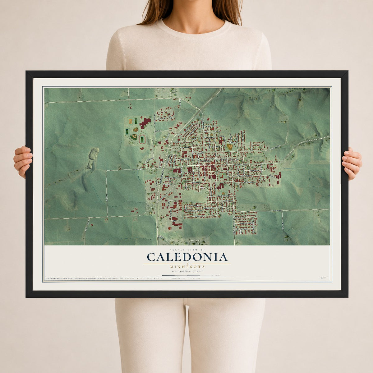 Map of Caledonia, Minnesota, 24 x 36 inch print in a black wood frame