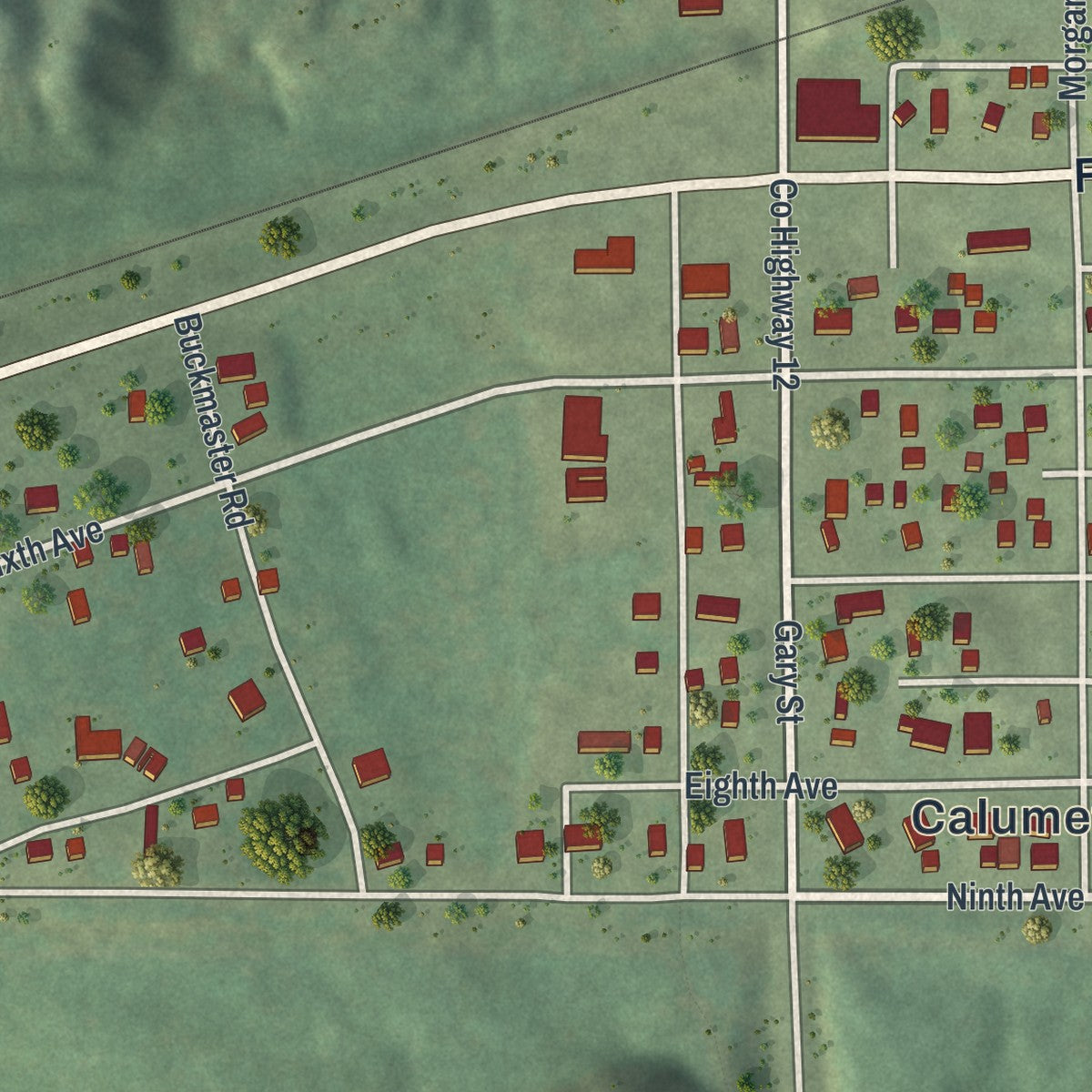 Close-up of the map of Calumet, Minnesota print showing street and building detail