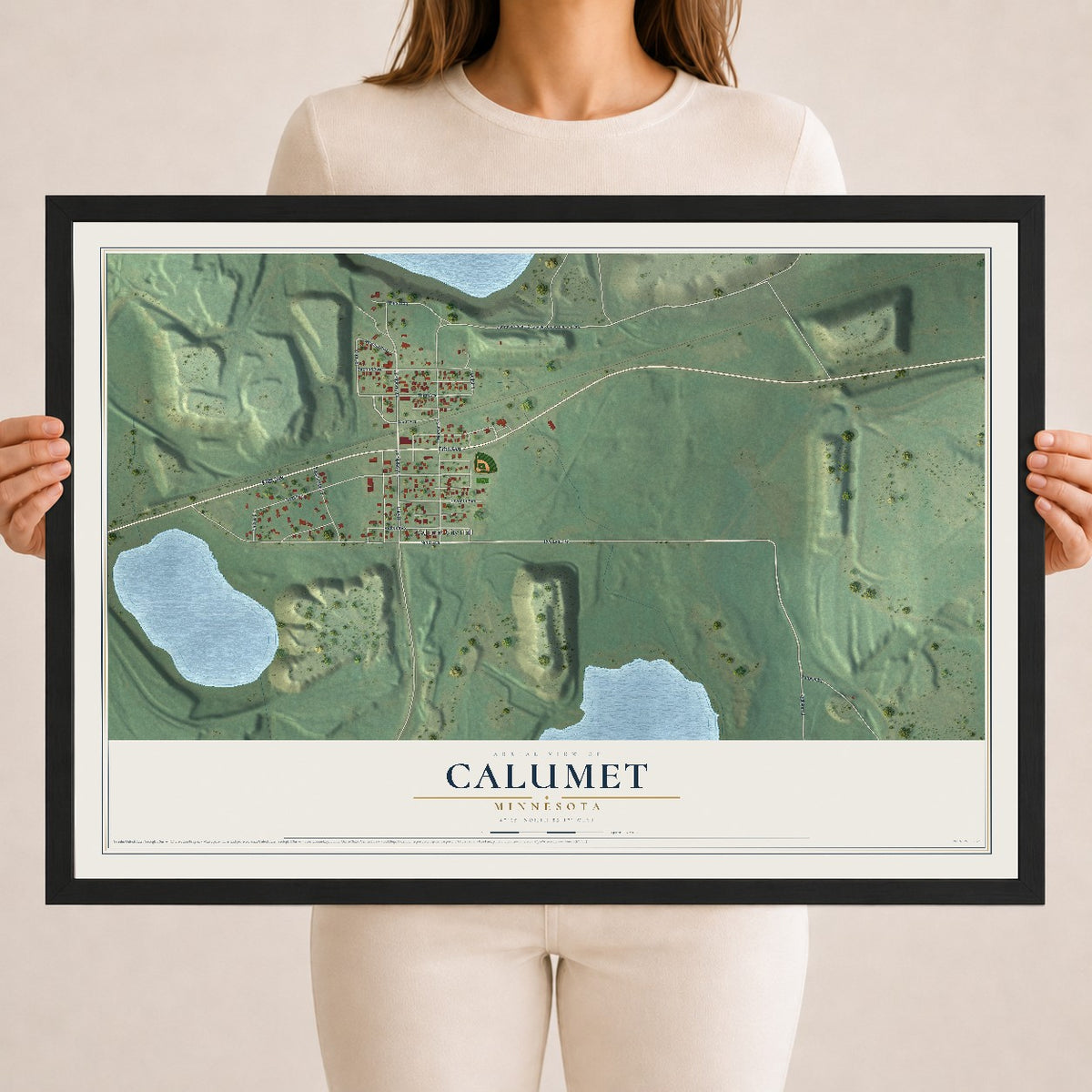 Map of Calumet, Minnesota, 18 x 24 inch print in a black wood frame