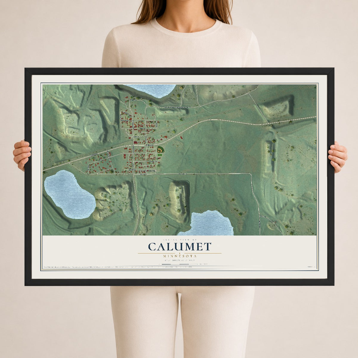 Map of Calumet, Minnesota, 24 x 36 inch print in a black wood frame