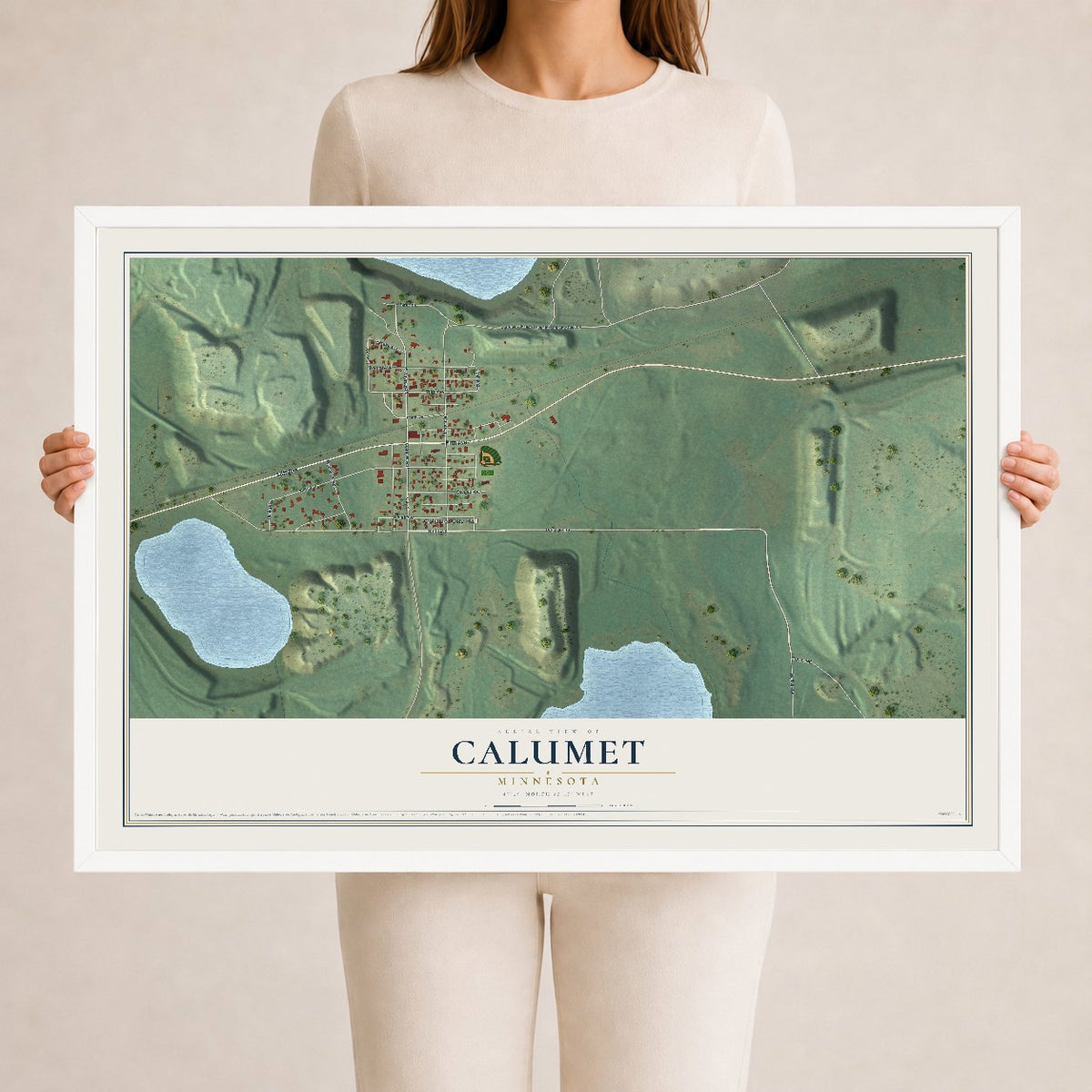 Map of Calumet, Minnesota, 24 x 36 inch print in a white wood frame