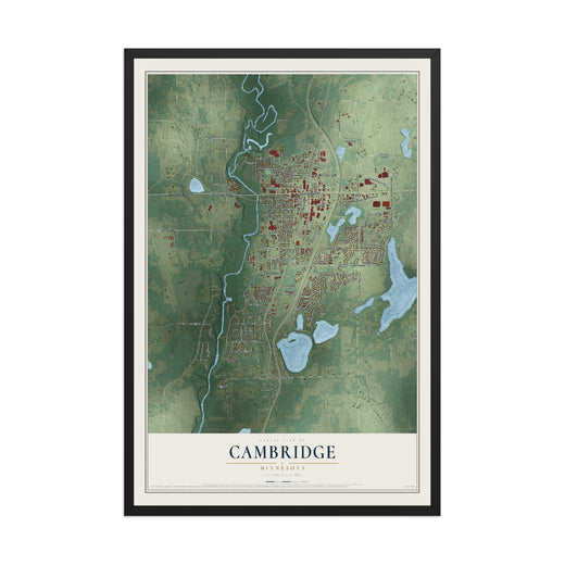 Map of Cambridge, Minnesota, 12 x 18 inch print in a black wood frame
