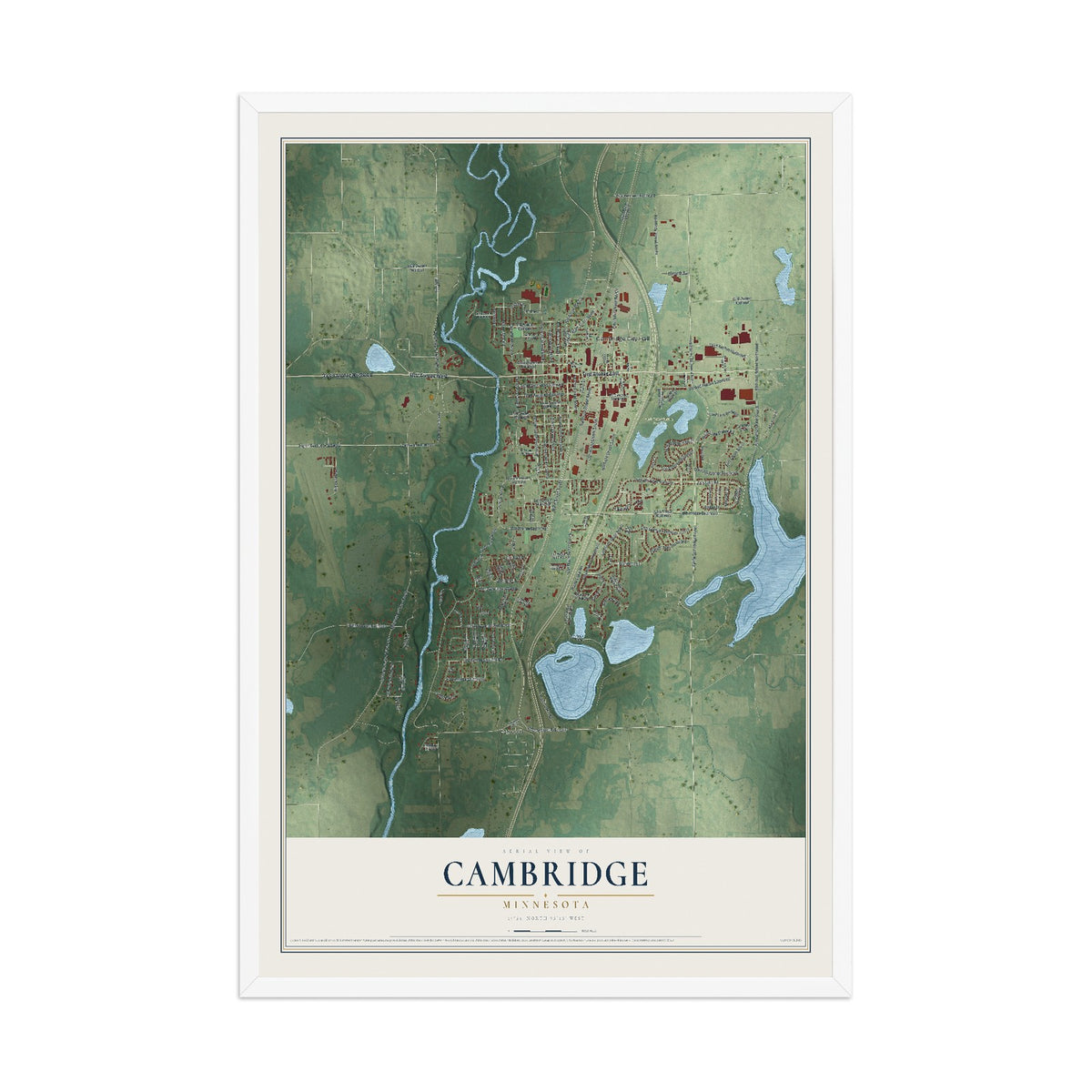 Map of Cambridge, Minnesota, 12 x 18 inch print in a white wood frame