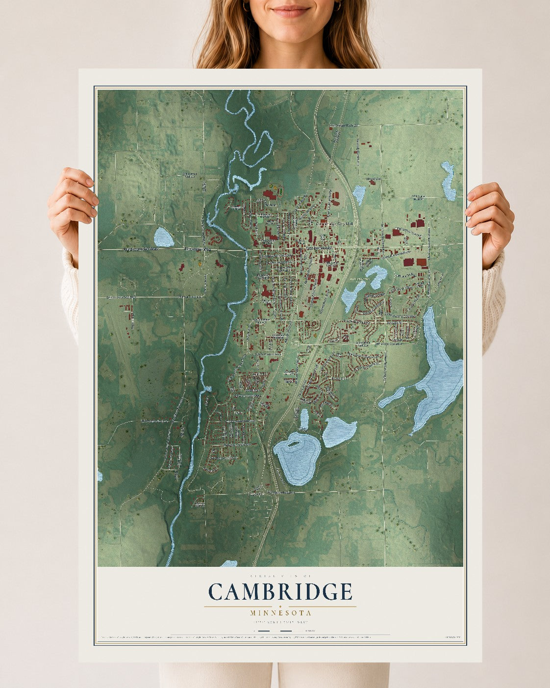 Map of Cambridge, Minnesota, 24 x 36 inch unframed archival matte print