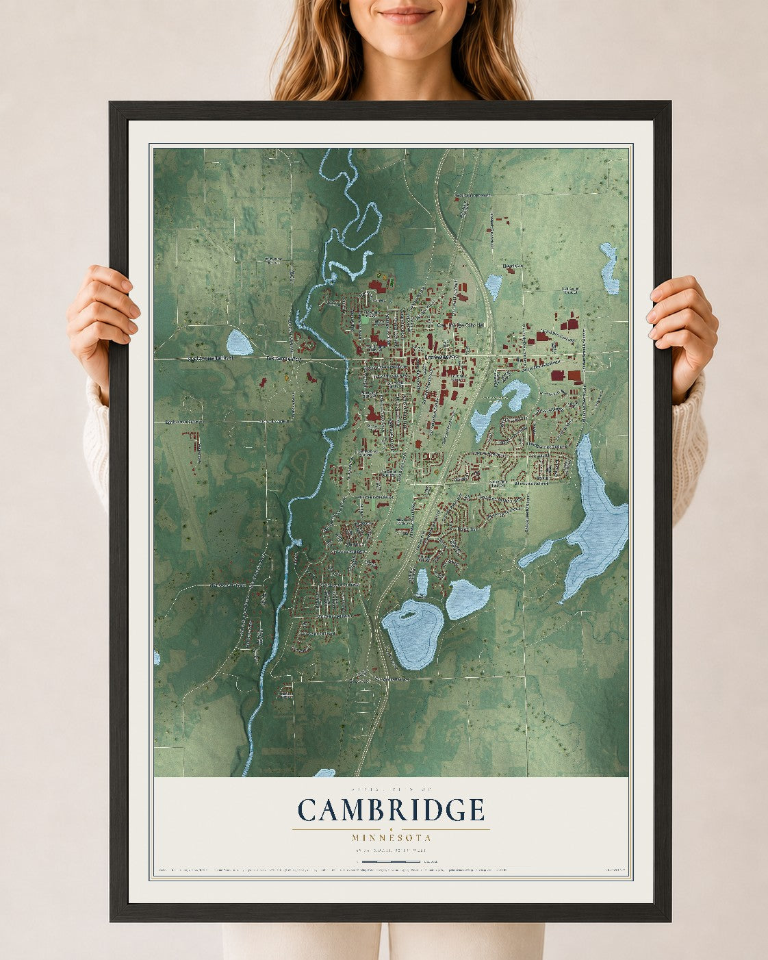 Map of Cambridge, Minnesota, 24 x 36 inch print in a black wood frame