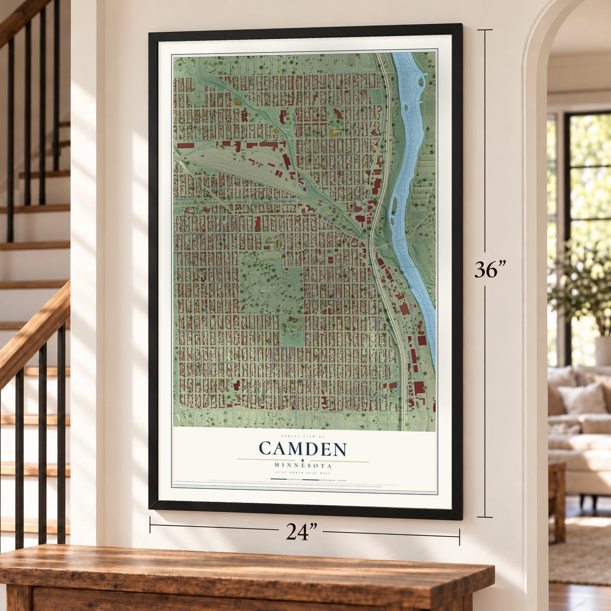 Camden, Minnesota map, 24 x 36 inch print in a black frame by a staircase