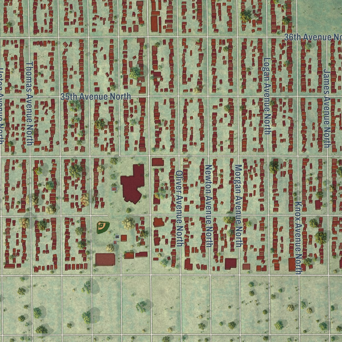 Close-up of the map of Camden, Minnesota print showing street and building detail