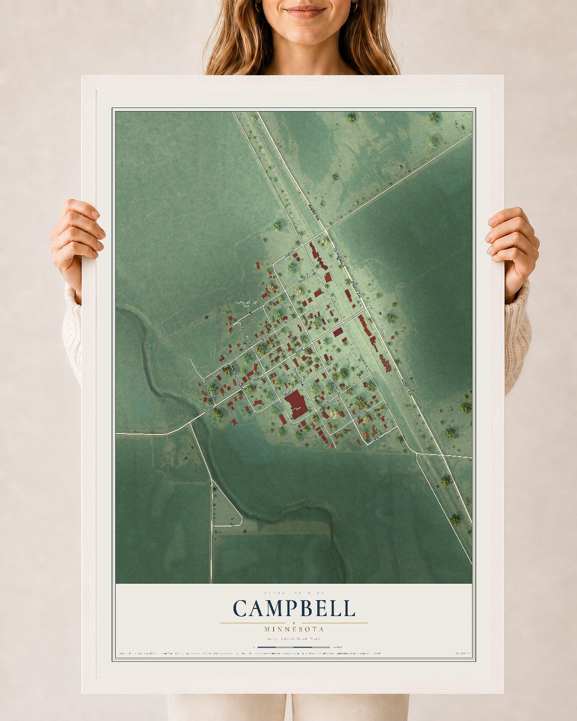 Map of Campbell, Minnesota, 24 x 36 inch print in a white wood frame