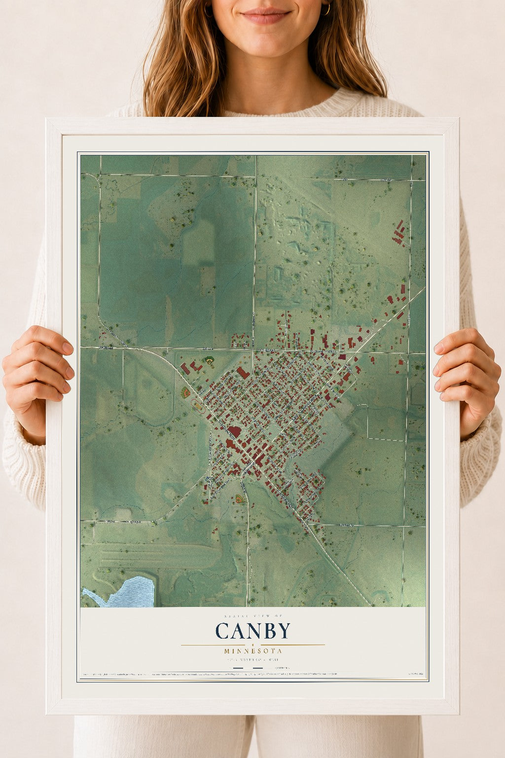 Map of Canby, Minnesota, 18 x 24 inch print in a white wood frame