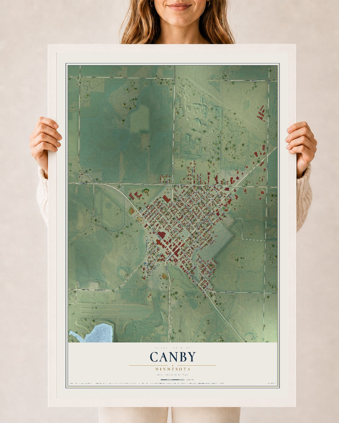 Map of Canby, Minnesota, 24 x 36 inch print in a white wood frame