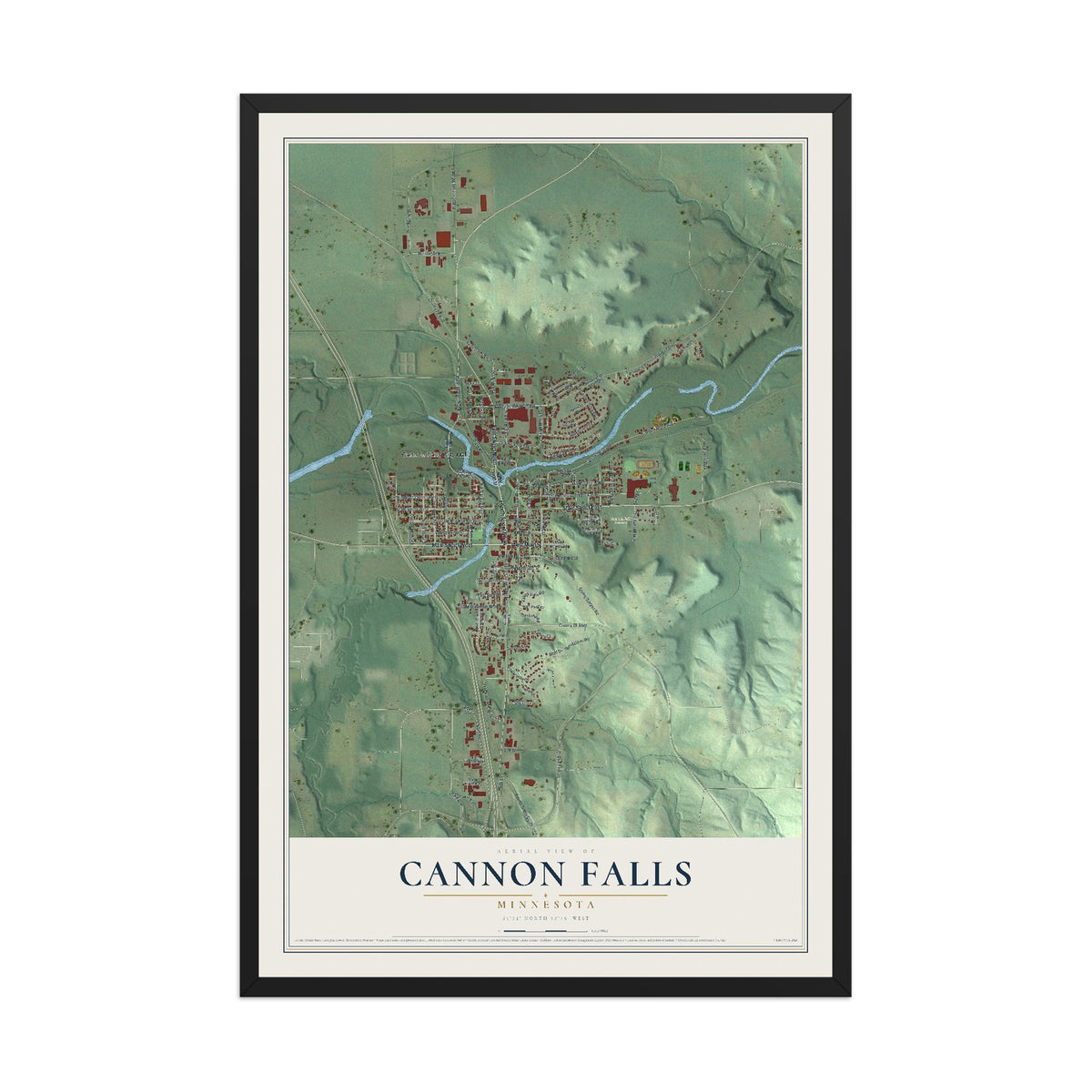 Map of Cannon Falls, Minnesota, 12 x 18 inch print in a black wood frame