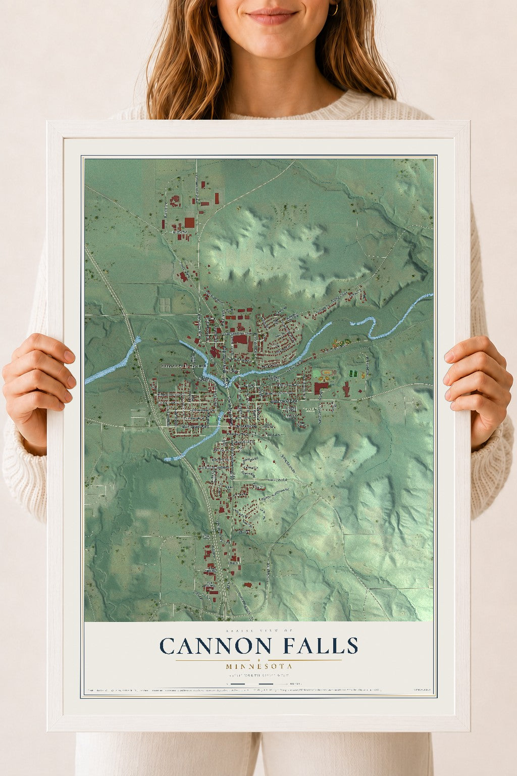 Map of Cannon Falls, Minnesota, 18 x 24 inch print in a white wood frame