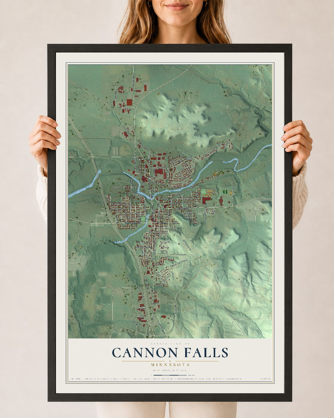 Map of Cannon Falls, Minnesota, 24 x 36 inch print in a black wood frame