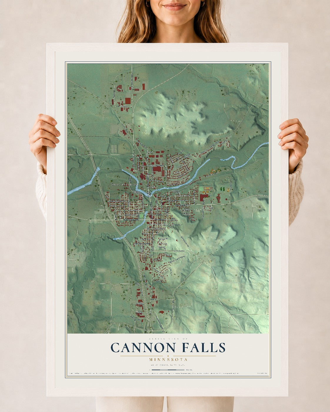 Map of Cannon Falls, Minnesota, 24 x 36 inch print in a white wood frame