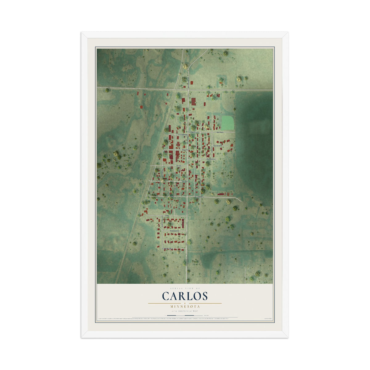 Map of Carlos, Minnesota, 12 x 18 inch print in a white wood frame