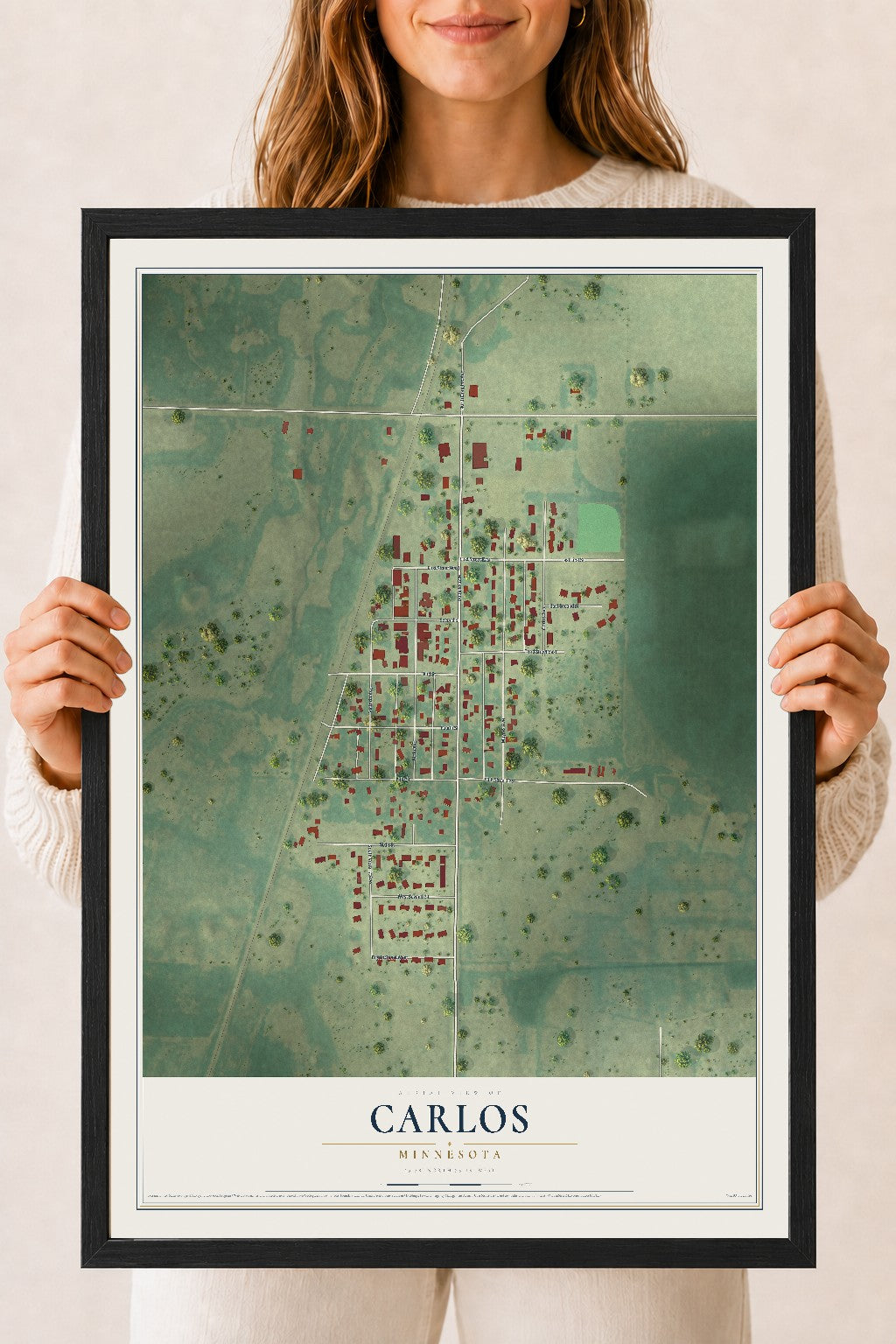 Map of Carlos, Minnesota, 18 x 24 inch print in a black wood frame