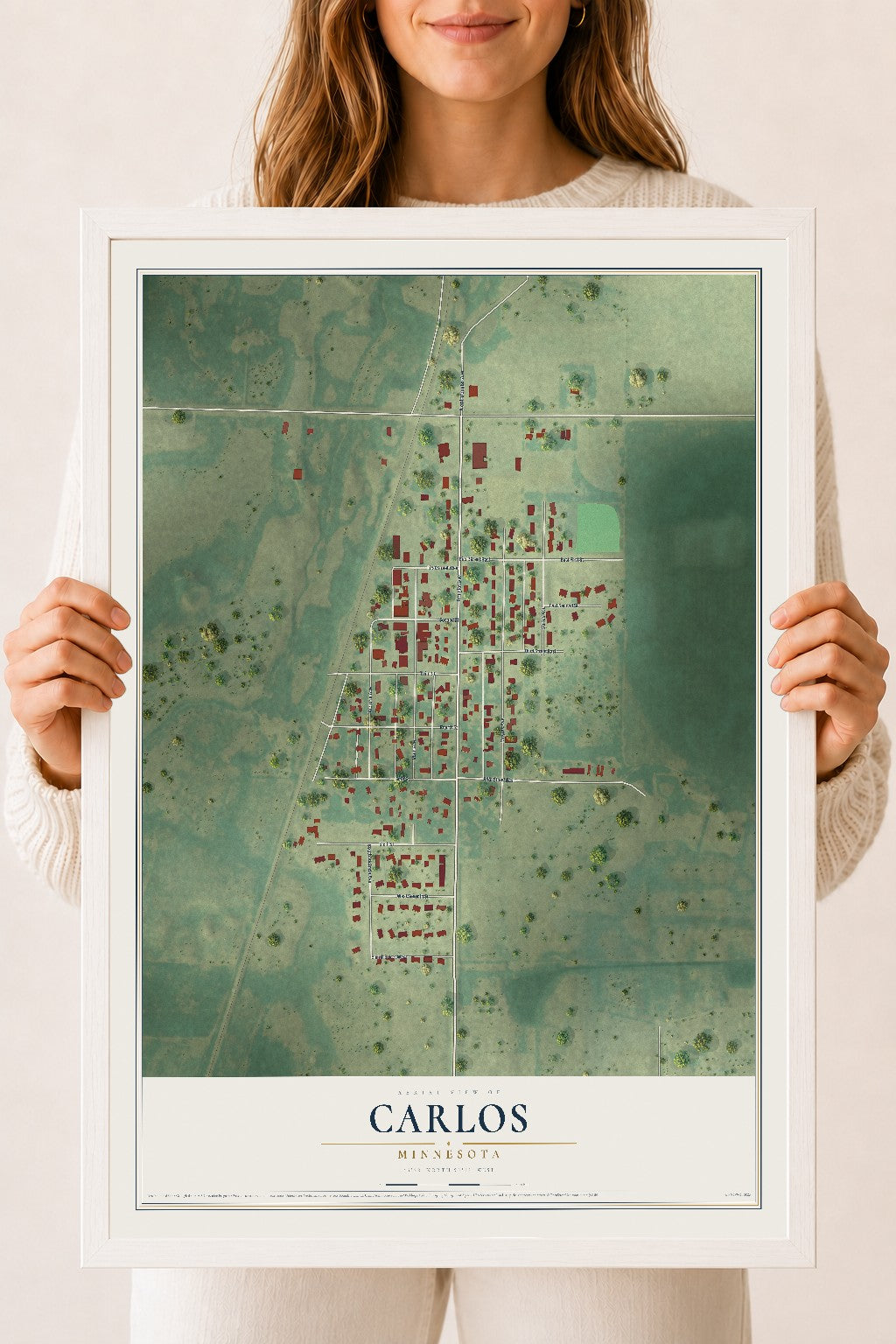 Map of Carlos, Minnesota, 18 x 24 inch print in a white wood frame