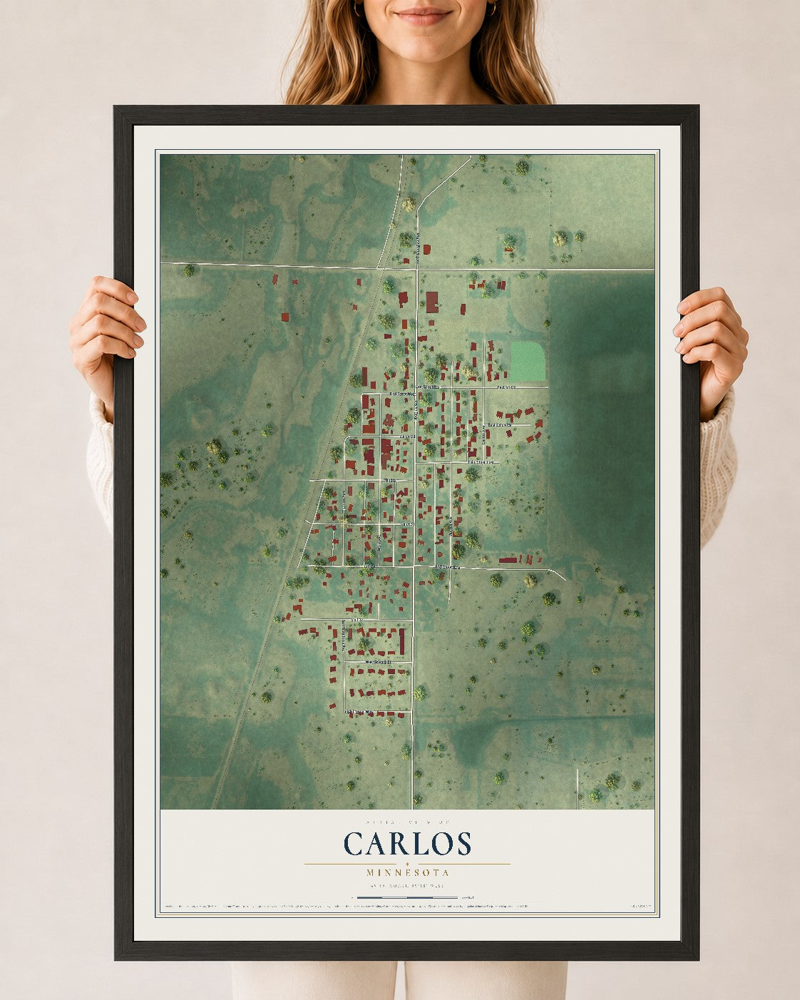 Map of Carlos, Minnesota, 24 x 36 inch print in a black wood frame