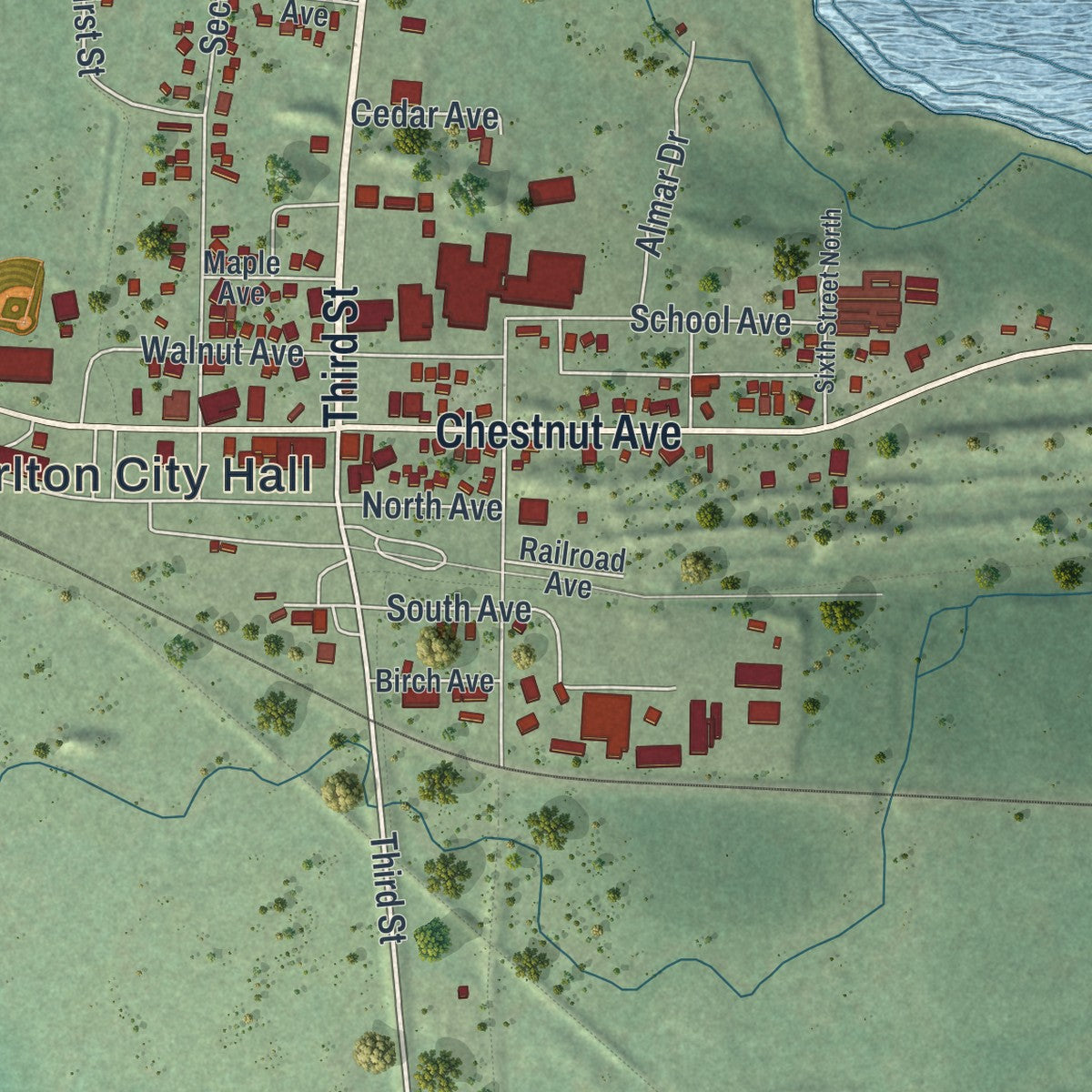 Second close-up of the map of Carlton, Minnesota print showing more streets and buildings