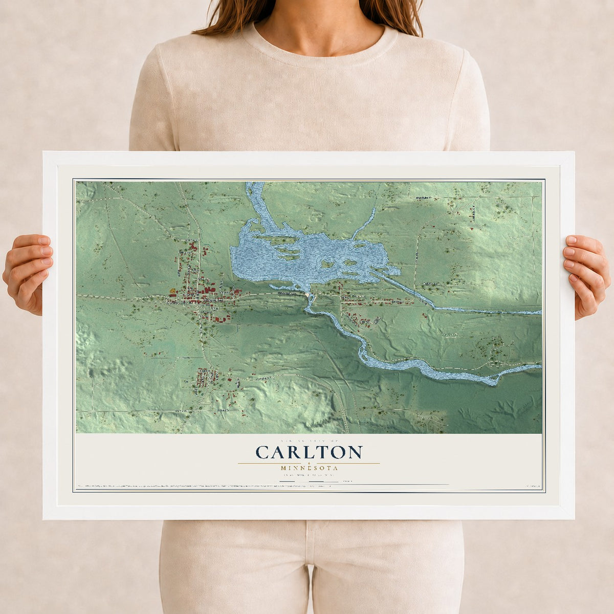 Map of Carlton, Minnesota, 12 x 18 inch print in a white wood frame