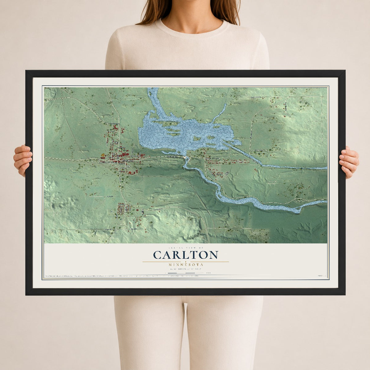 Map of Carlton, Minnesota, 24 x 36 inch print in a black wood frame