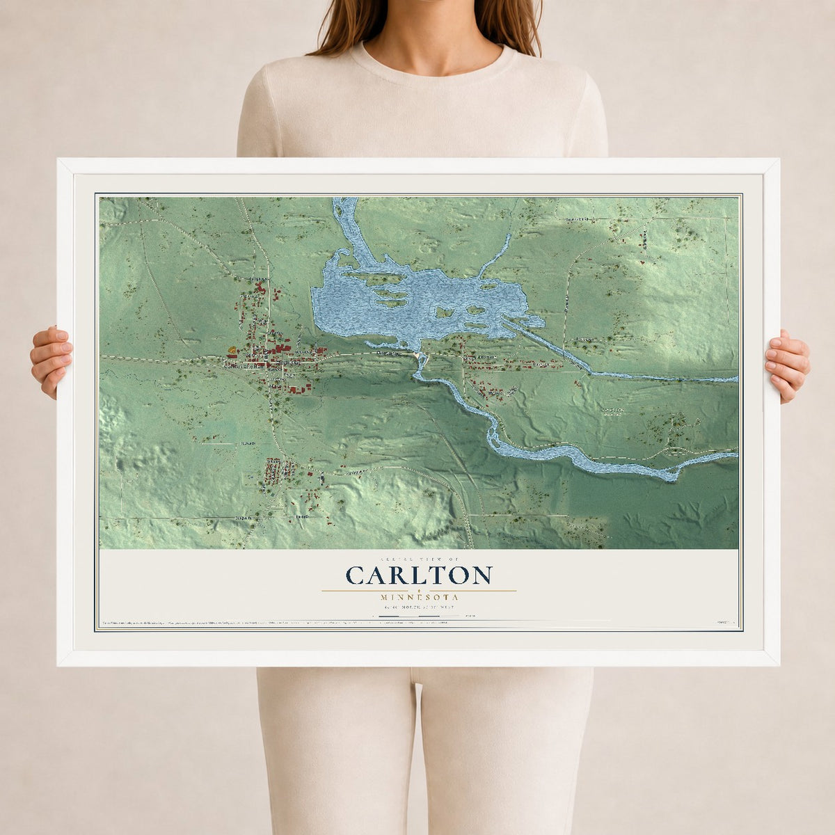 Map of Carlton, Minnesota, 24 x 36 inch print in a white wood frame