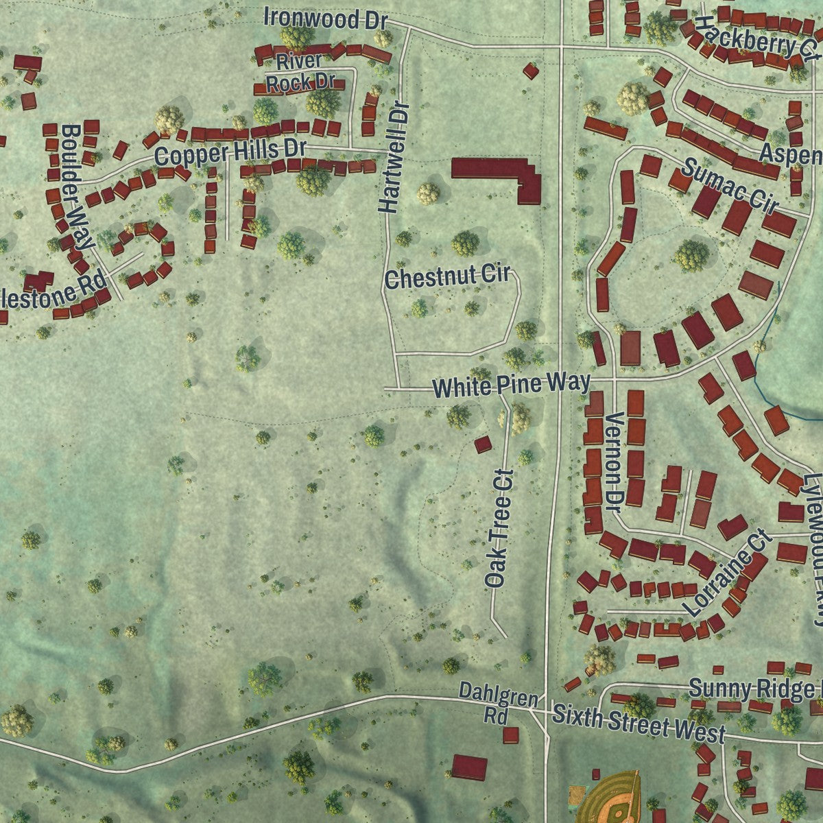 Close-up of the map of Carver, Minnesota print showing street and building detail