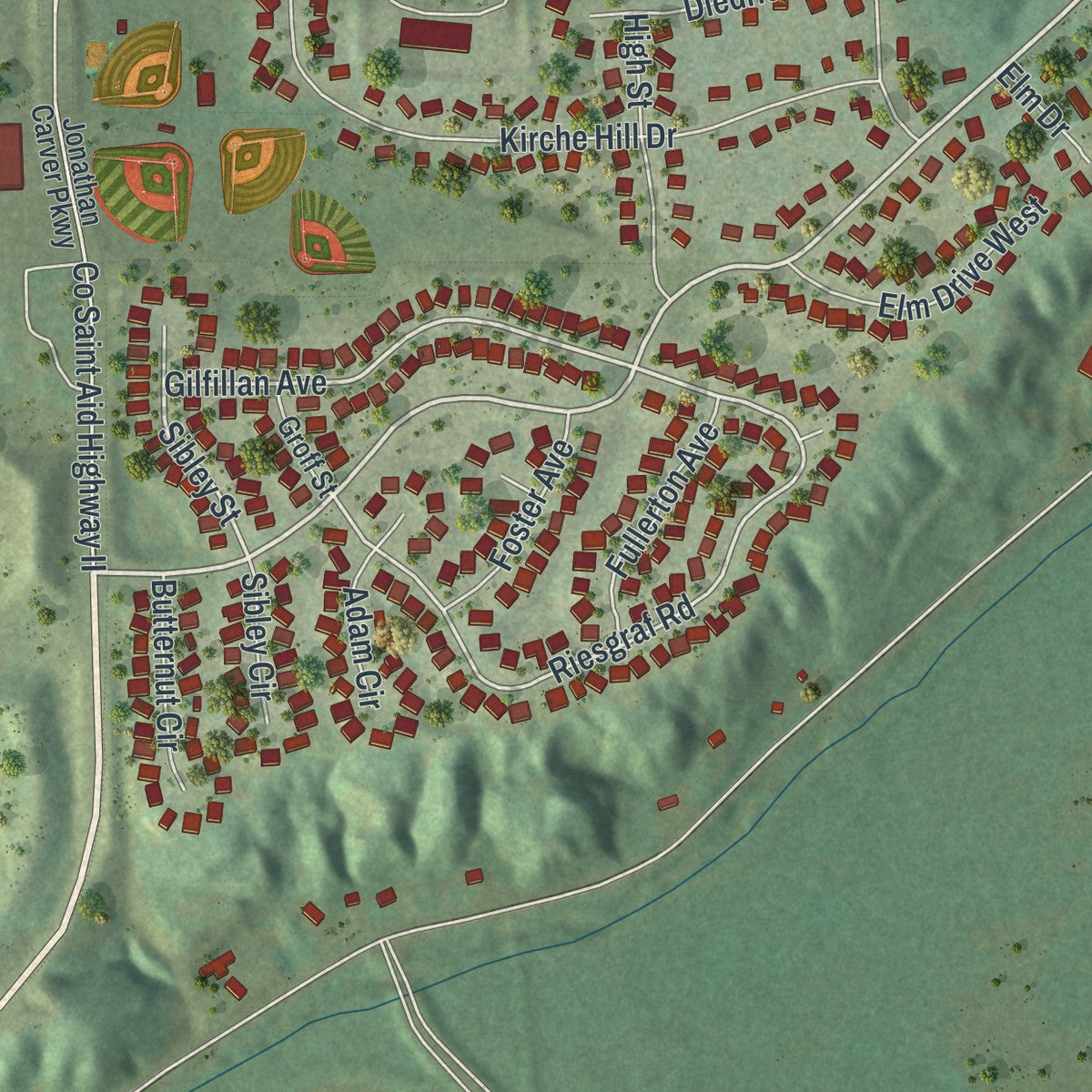 Second close-up of the map of Carver, Minnesota print showing more streets and buildings