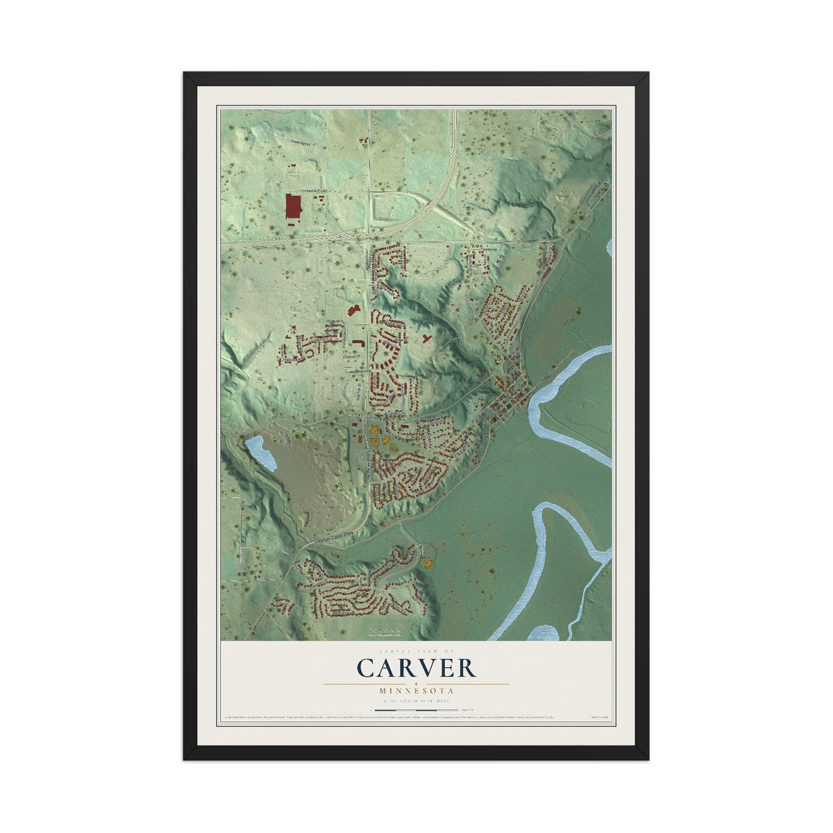 Map of Carver, Minnesota, 12 x 18 inch print in a black wood frame