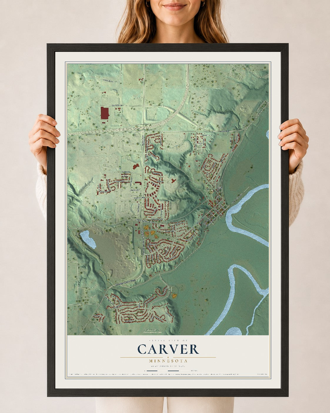 Map of Carver, Minnesota, 24 x 36 inch print in a black wood frame