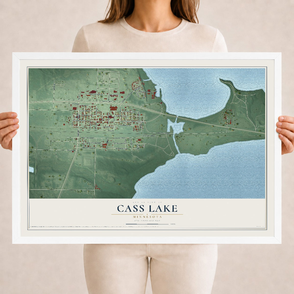 Map of Cass Lake, Minnesota, 18 x 24 inch print in a white wood frame