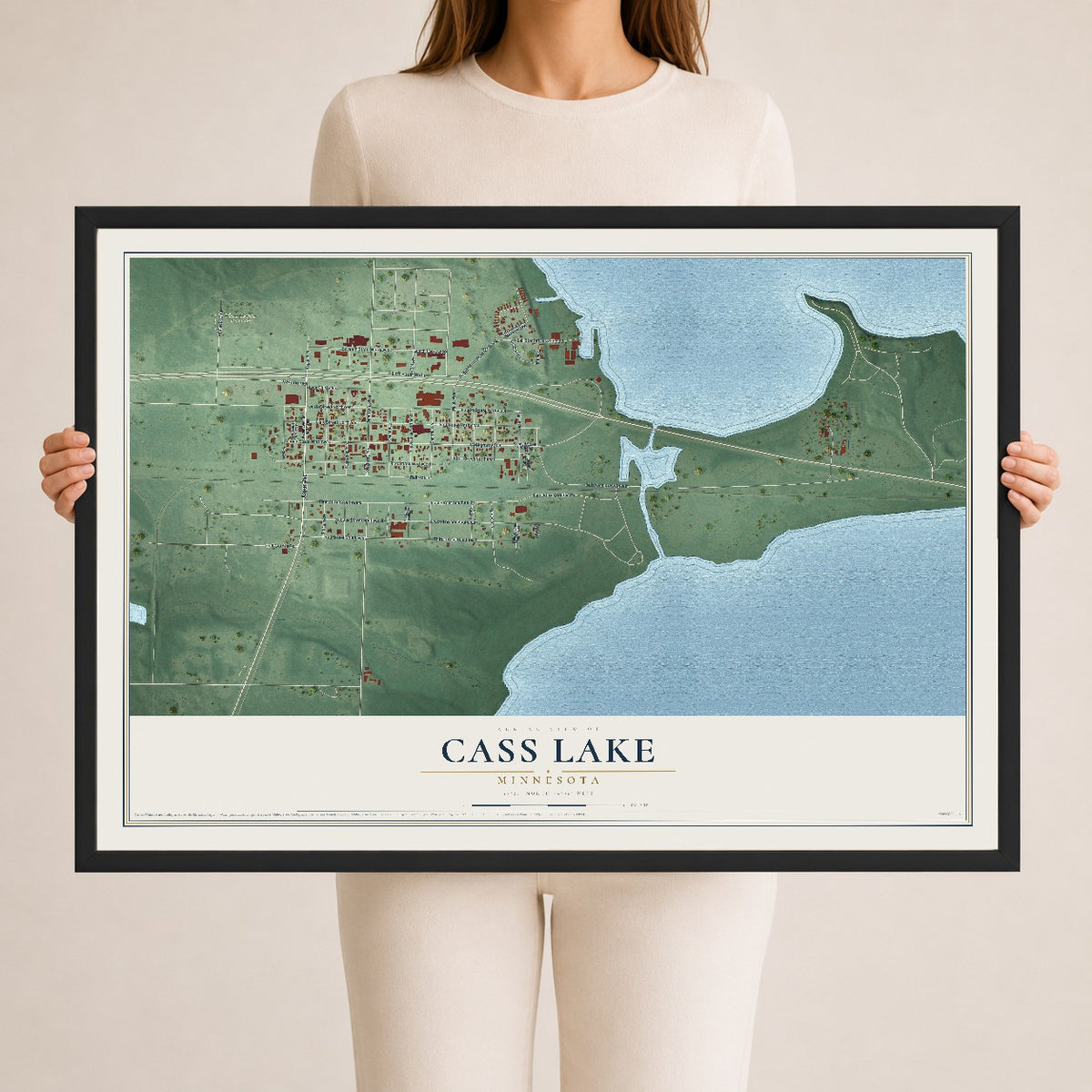 Map of Cass Lake, Minnesota, 24 x 36 inch print in a black wood frame