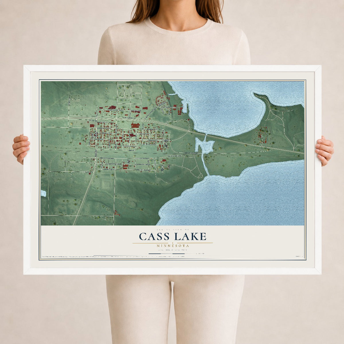 Map of Cass Lake, Minnesota, 24 x 36 inch print in a white wood frame